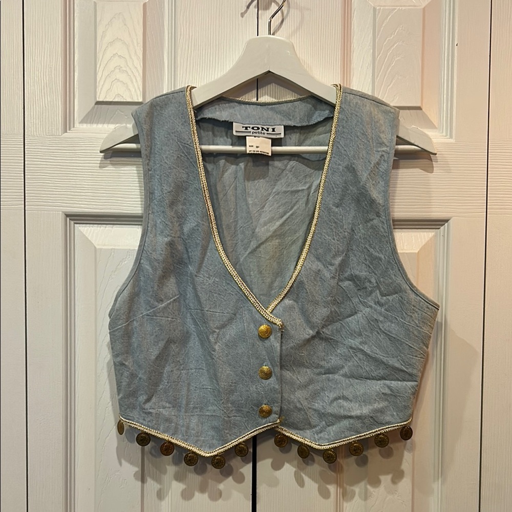 Vintage Toni Petite Blue Vest with Gold Coin Trim